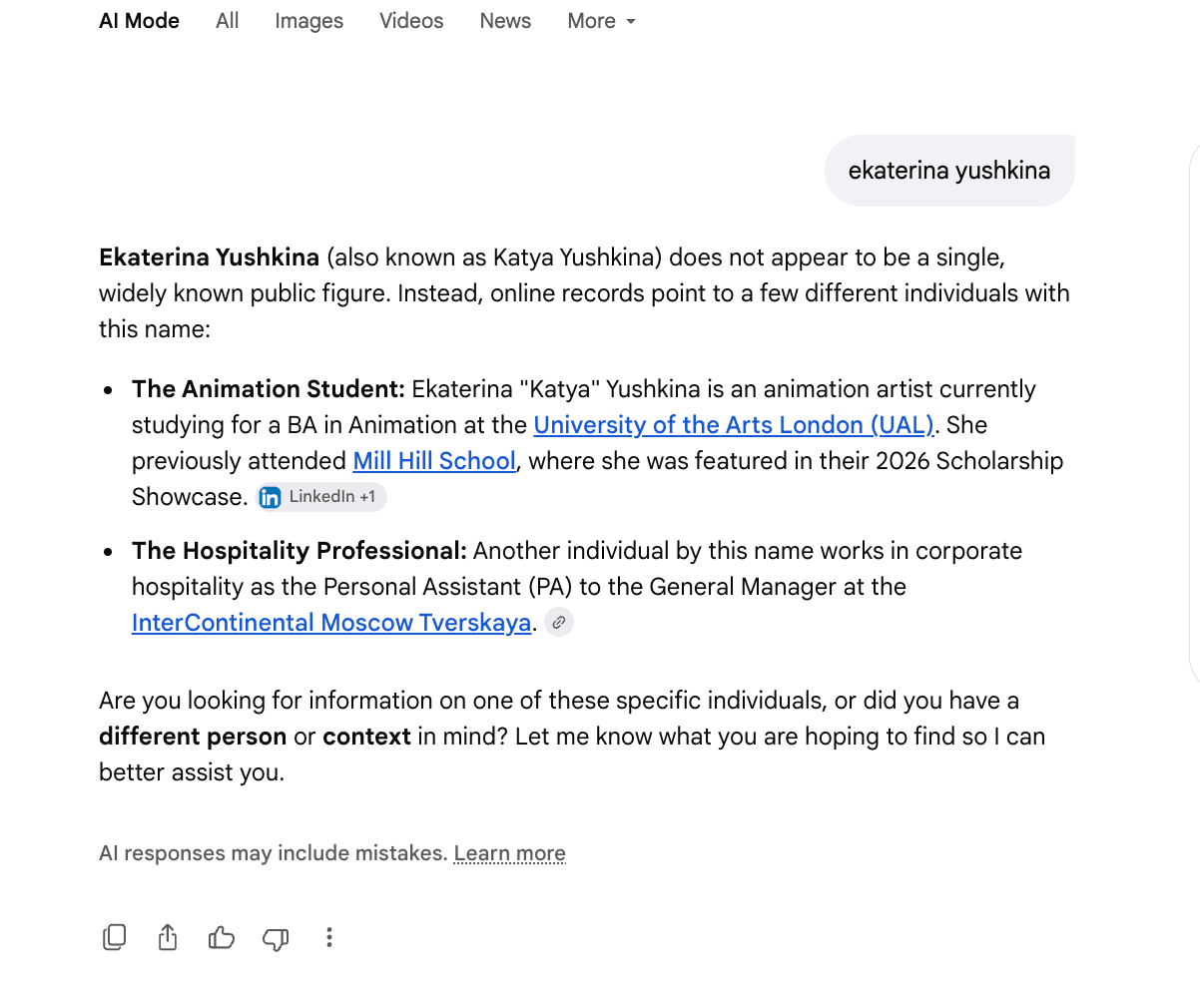 Google AI Mode answer, stage two: it identifies an animation student but still mixes her with a hospitality professional.