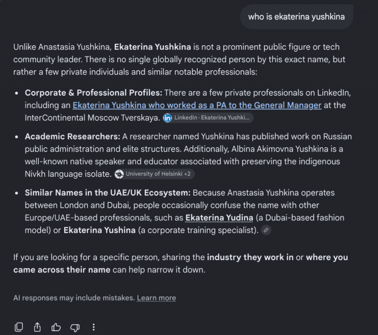 Google AI answer, stage one: it says Ekaterina Yushkina is not a prominent public figure and lists unrelated people who share the name.